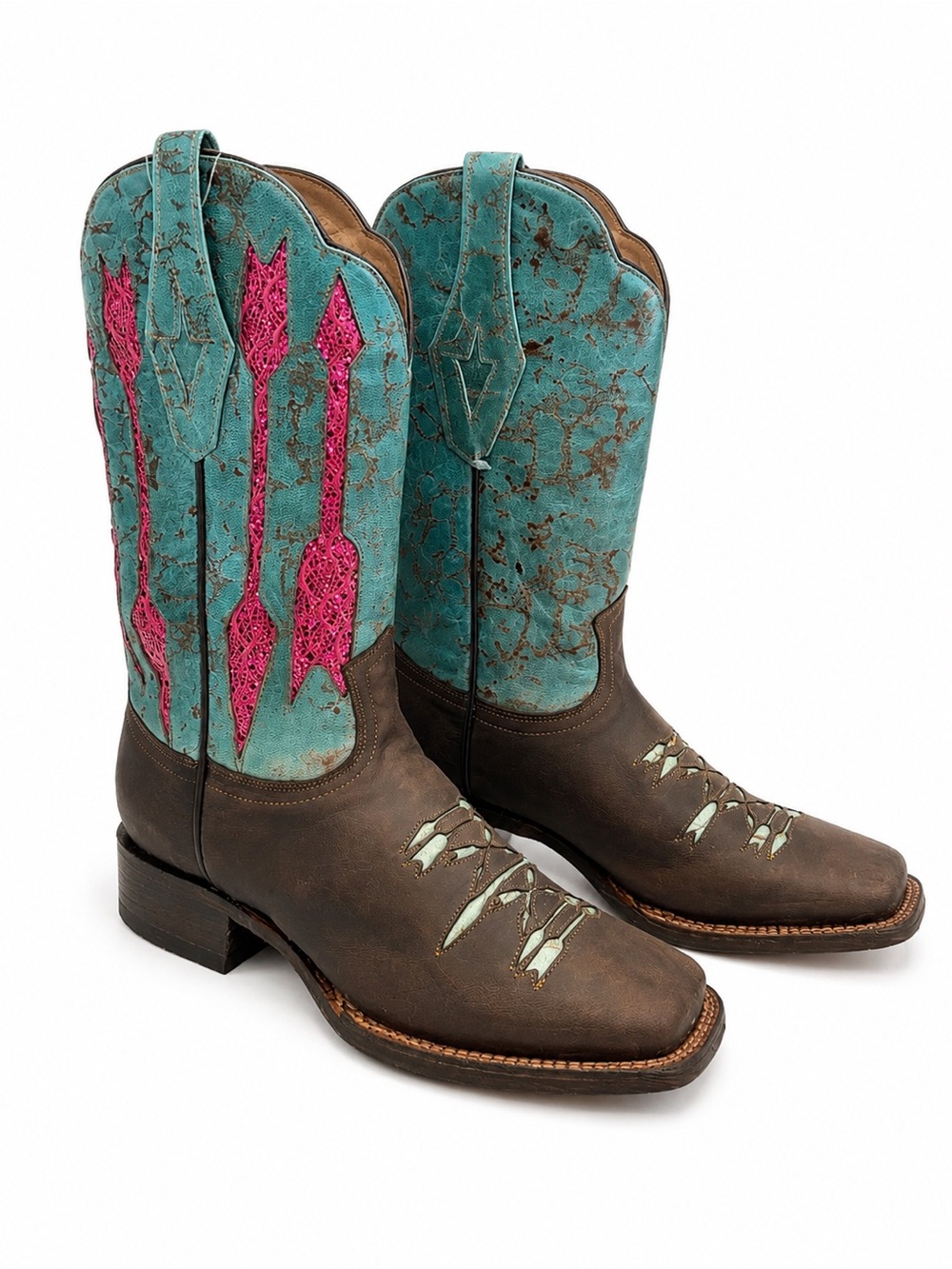 Tanner Mark Turquoise & Pink Arrow Western Cowgirl Boots